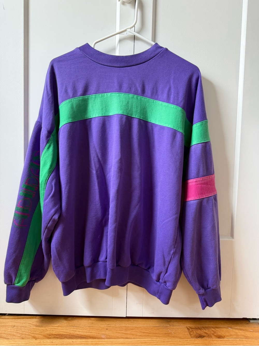 Vintage adidas Purple Crewneck Sweater with Green and Pink Stripes